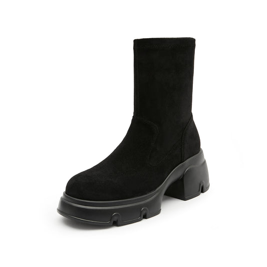 Boots - Suede Round Toe Platform Ankle Boots S6323