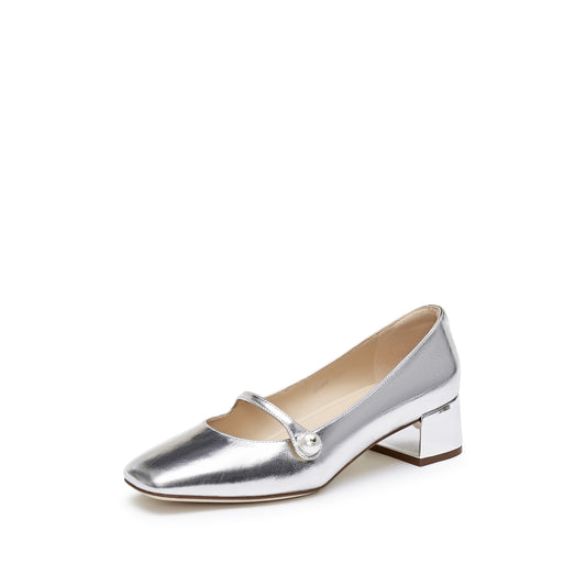 Mary Janes - Fortea Lume Silver Leather Block Heel Dress Pumps S5368