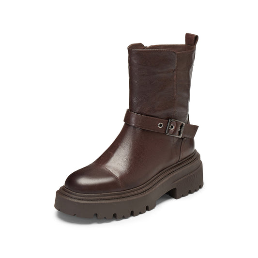 Boots - Leather Biker Buckle Flatform Ankle Boots S8537