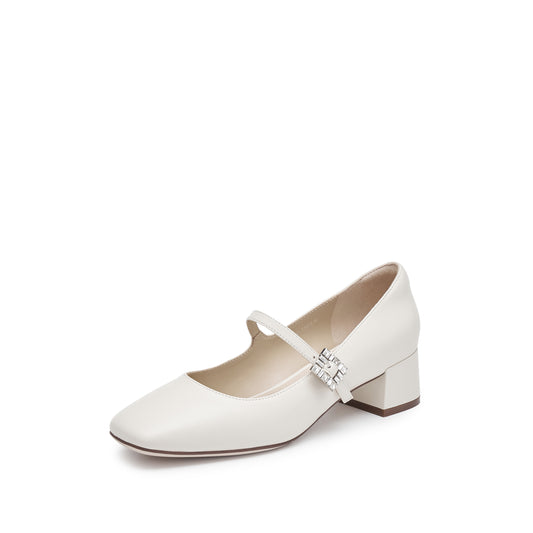 Mary Jane - Fortea Dune - Square Toe Rhinestone Buckle Mid Heel Pumps S1958