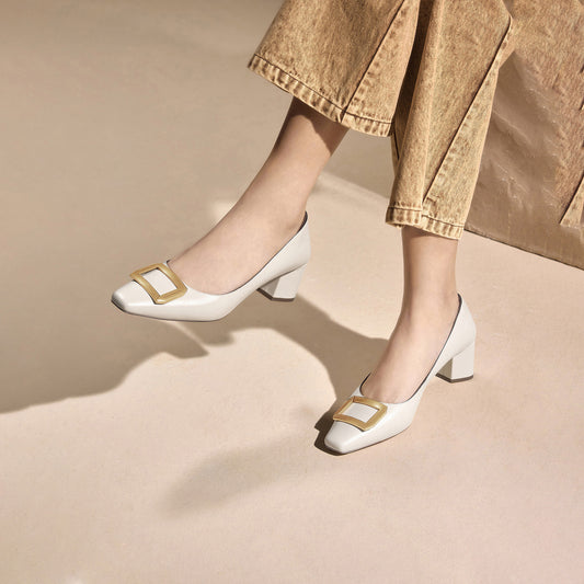 Court Shoes -  Chunky Square Toe Block Heel Pumps ES816