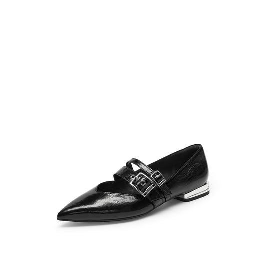 Mary Jane - Pointed Toe Black Wrinkle Leather Strappy Mary Jane Flats 9A950