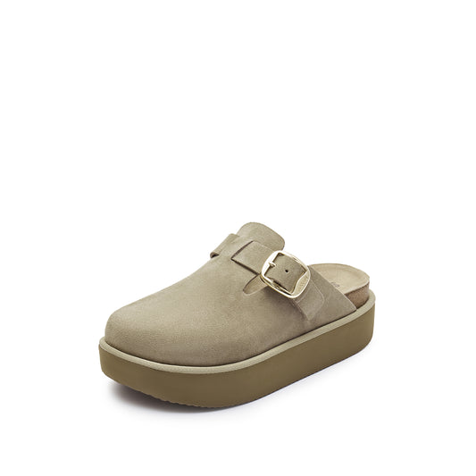 Sandals - Suede Leather Closed Toe Chunky Sole Mules Sandals EN312