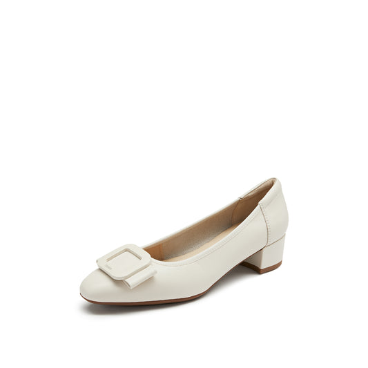Court Shoes - Leather Bow Buckle Block Heel Mid Pumps EGU03