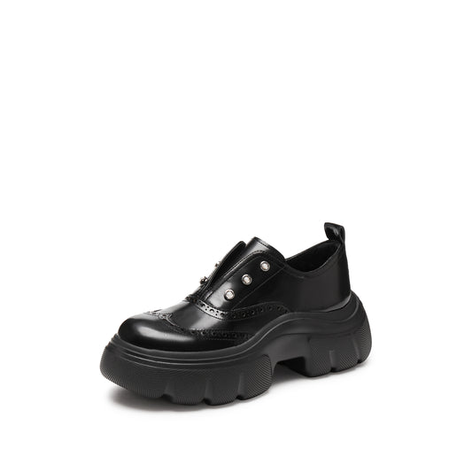 Loafers - Black Leather Pearl Embellished Platform Loafers ESF21