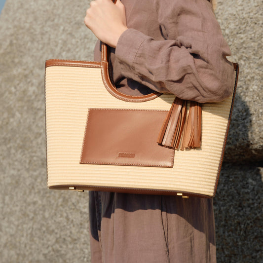 Tote Bag - Natural Woven Straw Multi-Pocket Shopper X8215