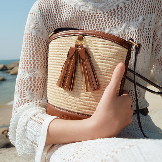 Bucket Bag - Natural Woven Straw Retro Shoulder Bag X8198