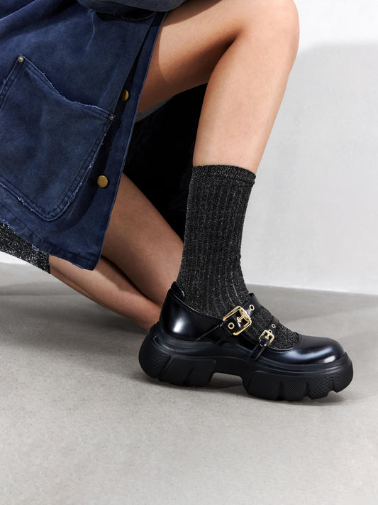 Mary Jane - Black Leather Metal Buckles  Platform Mary Jane Sneakers ESF19