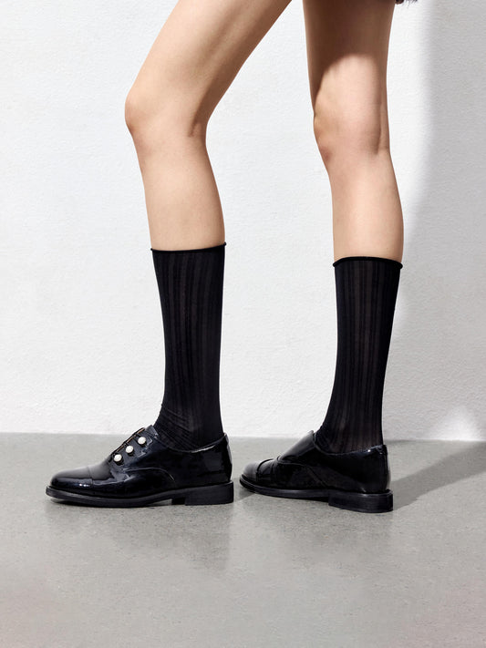 Loafers - Black Leather Pearl Buckle Oxford Loafers J5310
