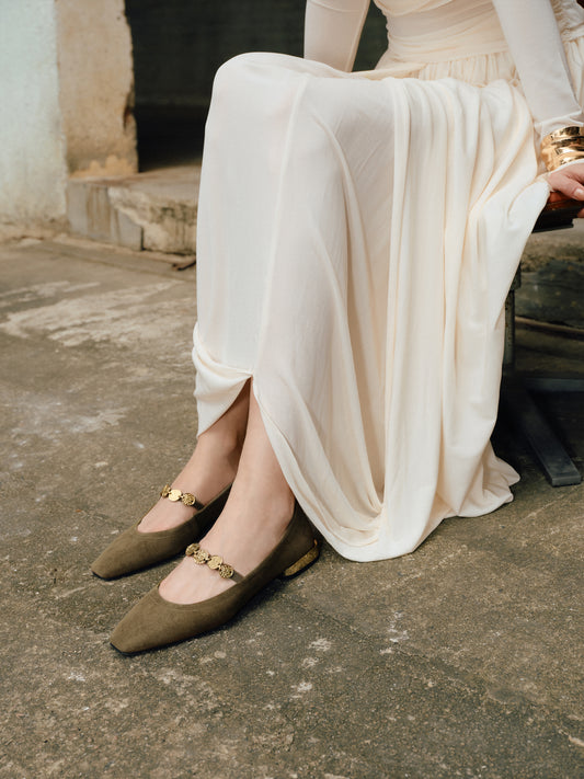 Mary Jane - Pointed Toe Ballet Flats with Copper Coin Charm EWV03