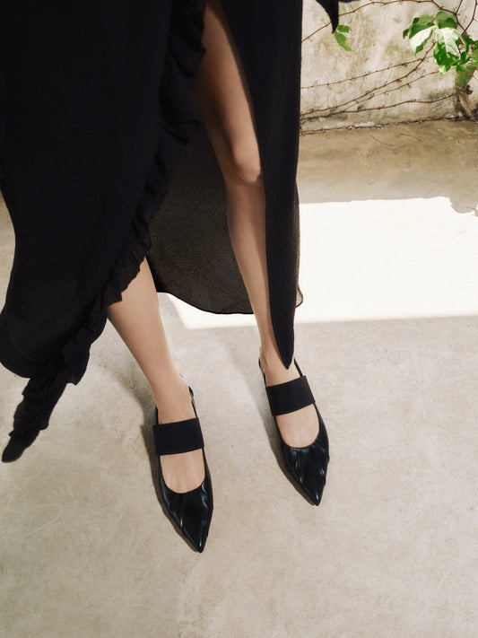 Mary Jane - Army Pleated Leather Pointed Ballerina Flats 9A951