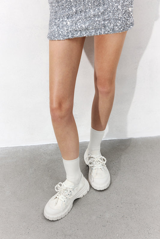 Sneakers - Removable Pearl Lace Up Chunky Sole Sneakers