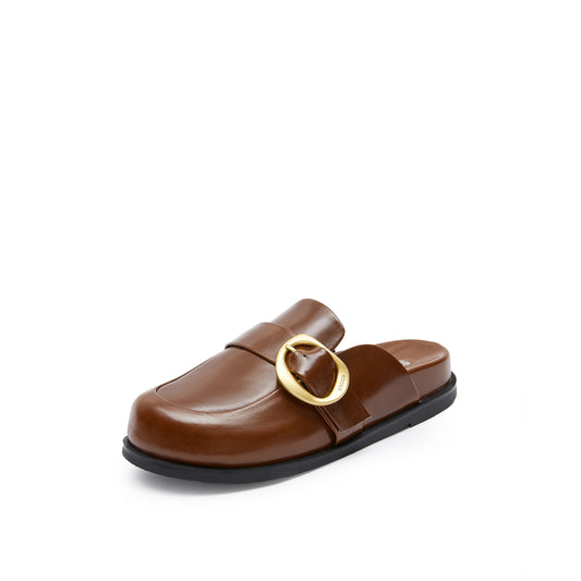 Sandals - Leather Full Moon Buckle Platform Slide-On Mules