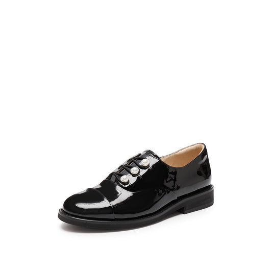 Loafers - Black Leather Pearl Buckle Oxford Loafers