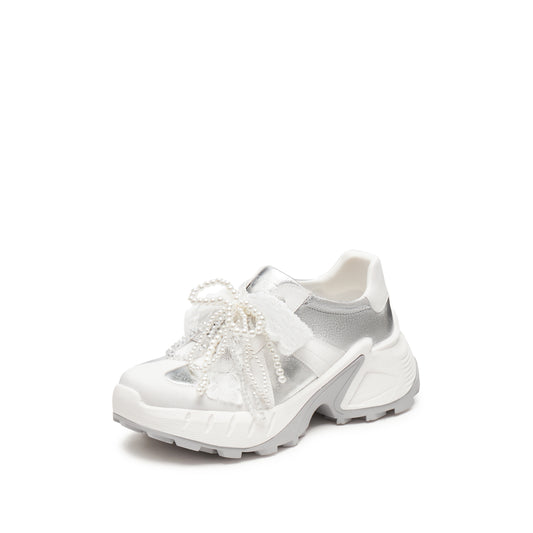 Sneakers - Pearl Bow Lace Chunky Platform Sneakers