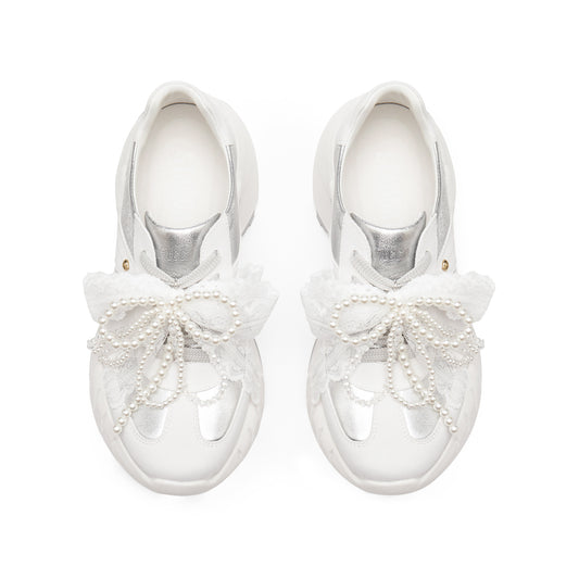 Sneakers - Pearl Bow Lace Chunky Platform Sneakers