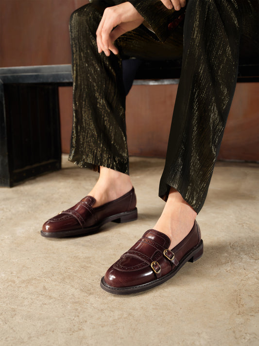 Loafers - Leather H-Buckle Mid Heel Slip-On Loafer