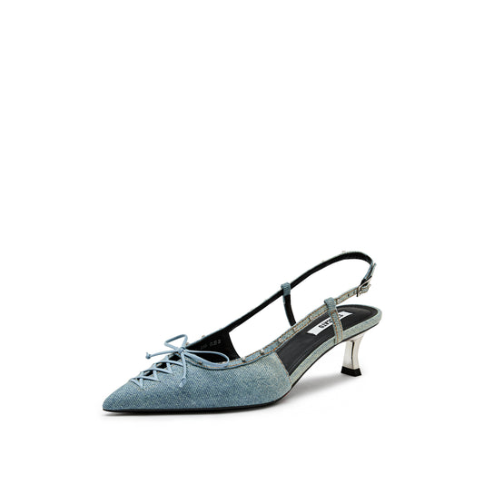 Court Shoes - Denim Pointed Toe Bow Tie Crystal Slingback Pumps