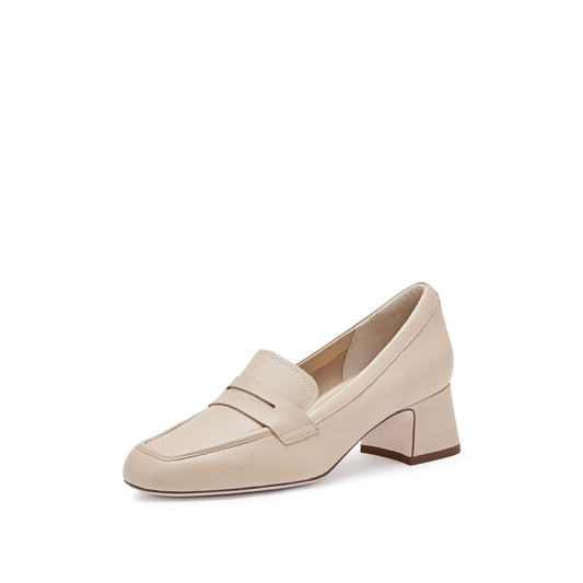 Loafers - Leather Round Toe Block Heel Slip-On Loafers