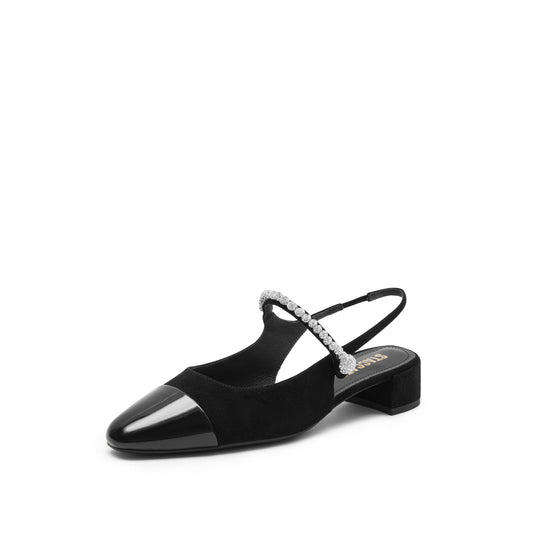 Mary Jane - Black Toe Cap Pearly Slingback Block Heel Pumps