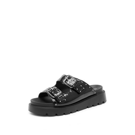 Sandals - Cowhide Silver Buckle Platform Slide on Sandals