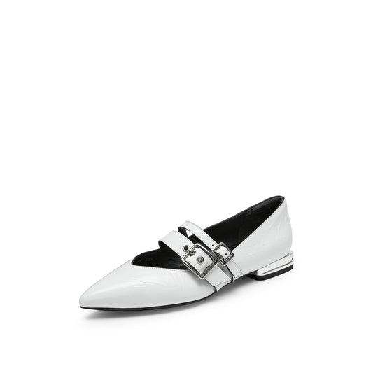 Mary Jane - Pointed Toe Black Wrinkle Leather Strappy Mary Jane Flats 9A950