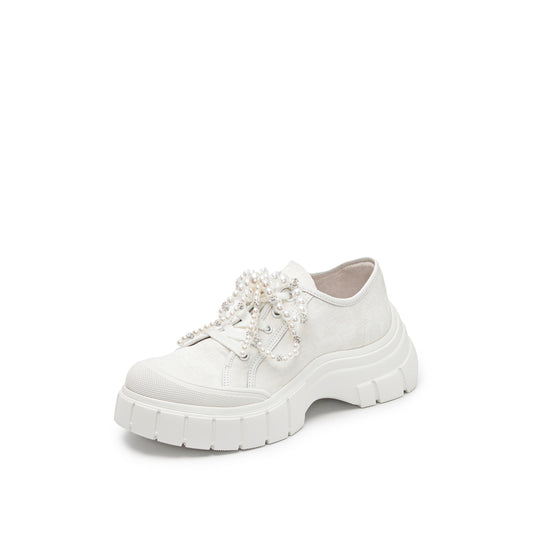 Sneakers - Removable Pearl Lace Up Chunky Sole Sneakers