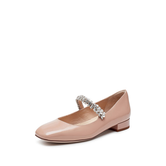 Mary Jane - Leather Square Toe Rhinestone Strap Mary Janes Flats