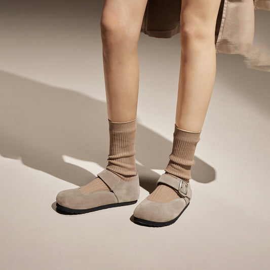 Clogs - Round Toe T-Strap Suede Clogs