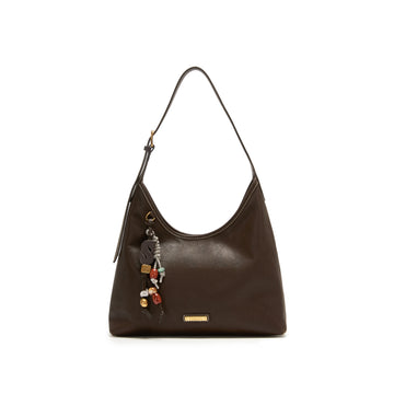 Shoulder Bag - Vintage Dark Brown Leather Hobo Bag with Beaded Charm X8349