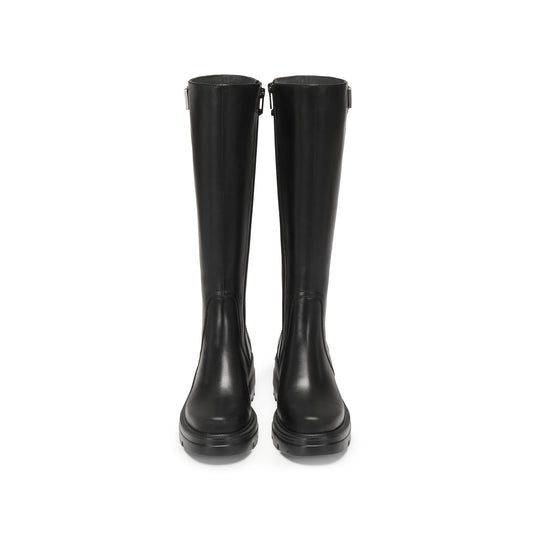 Boots - Black Leather Knee-High Boots with Buckle Detail EEZ42