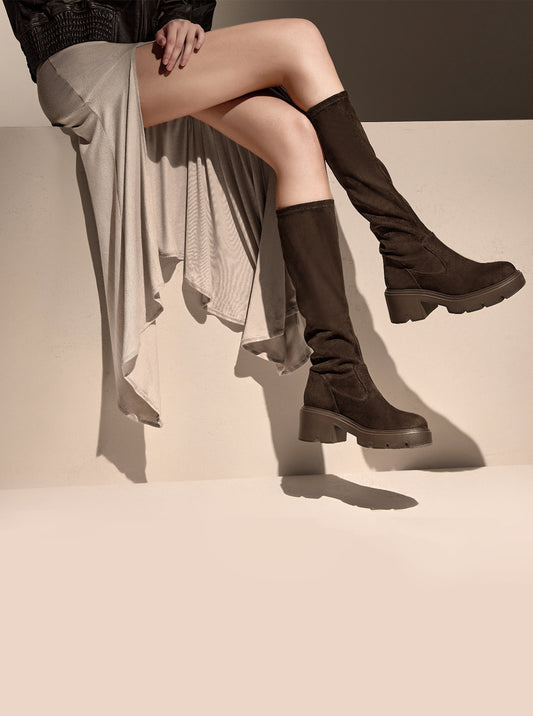 Boots - Suede Platform Knee-High Boots